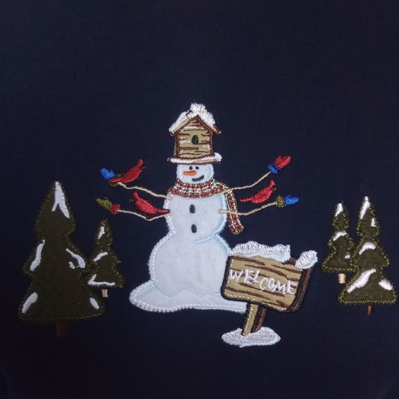 Women's Snowman Navy Blue 100% Cotton Christmas Mock Neck Long Sleeve Shirt - Picture 4 of 12